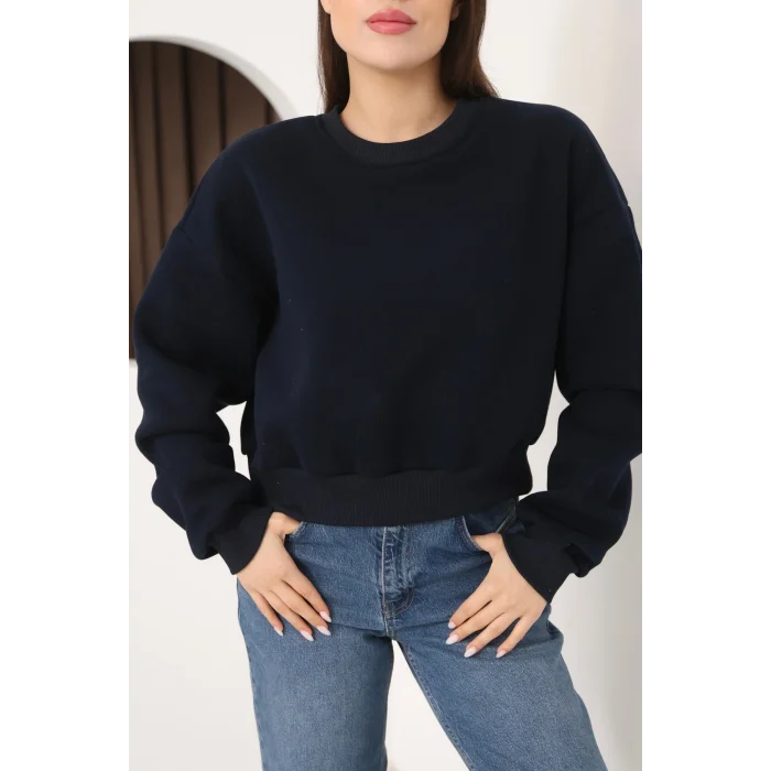 Kadın Üç İplik Şardonlu Oversize Crop Sweatshirt