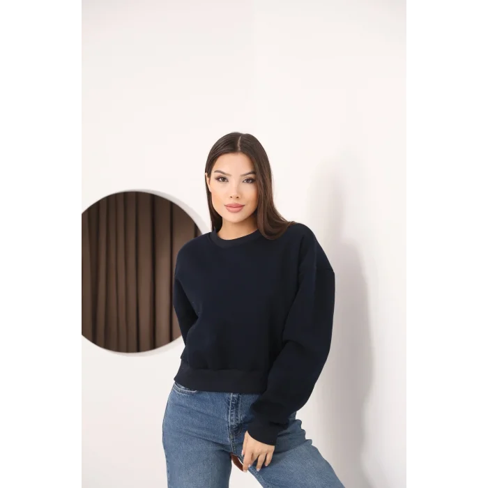 Kadın Üç İplik Şardonlu Oversize Crop Sweatshirt