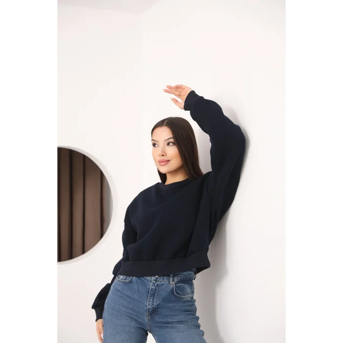 Kadın Üç İplik Şardonlu Oversize Crop Sweatshirt