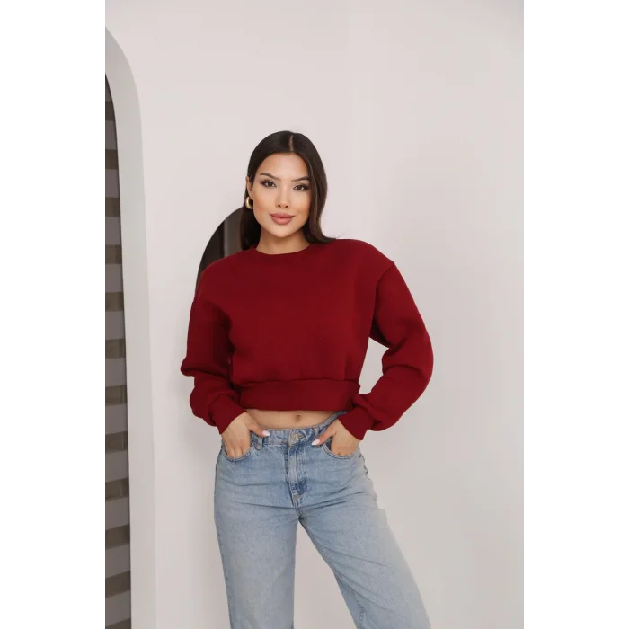 Kadın Üç İplik Şardonlu Oversize Crop Sweatshirt
