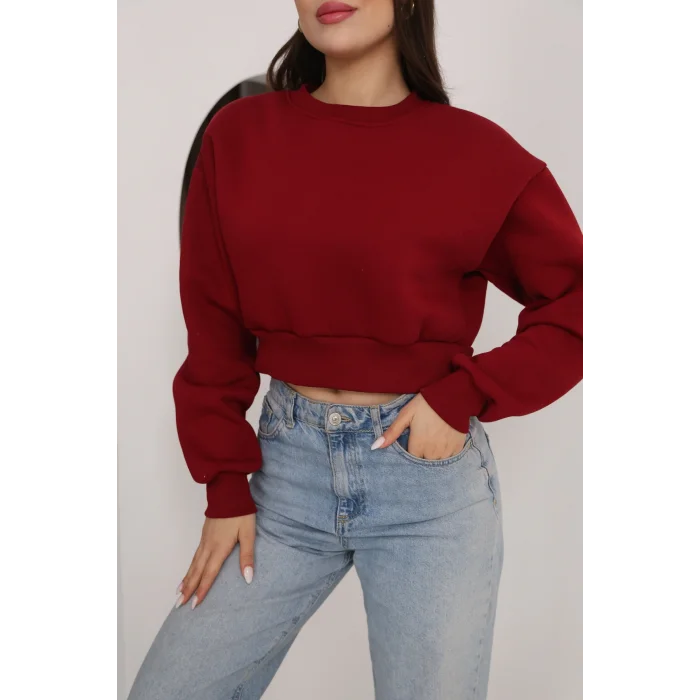 Kadın Üç İplik Şardonlu Oversize Crop Sweatshirt