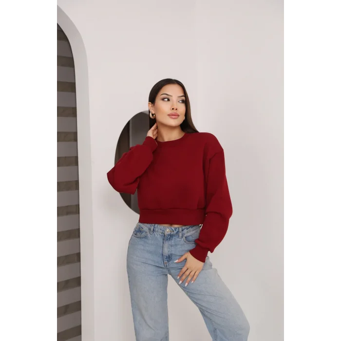 Kadın Üç İplik Şardonlu Oversize Crop Sweatshirt