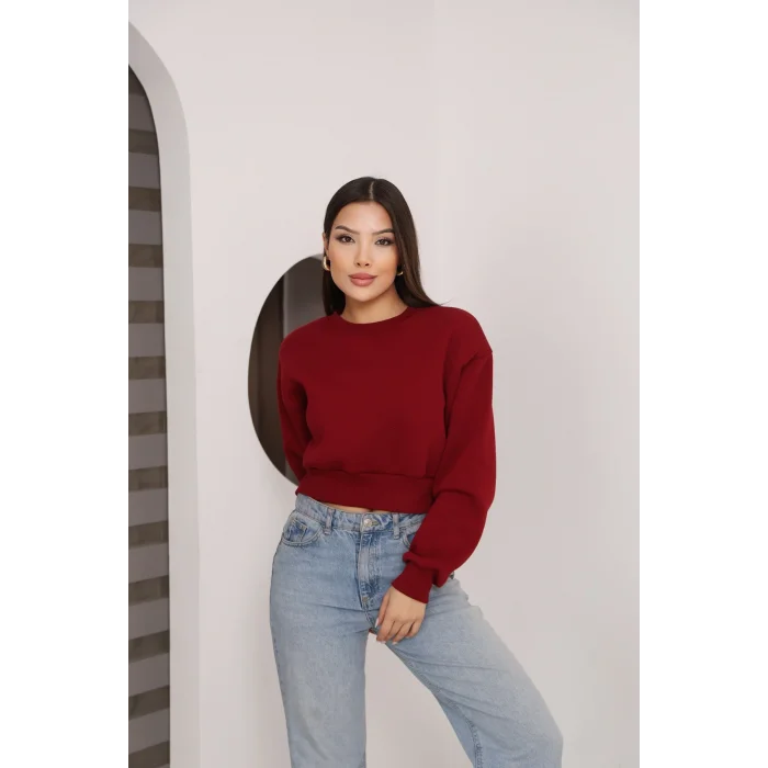 Kadın Üç İplik Şardonlu Oversize Crop Sweatshirt