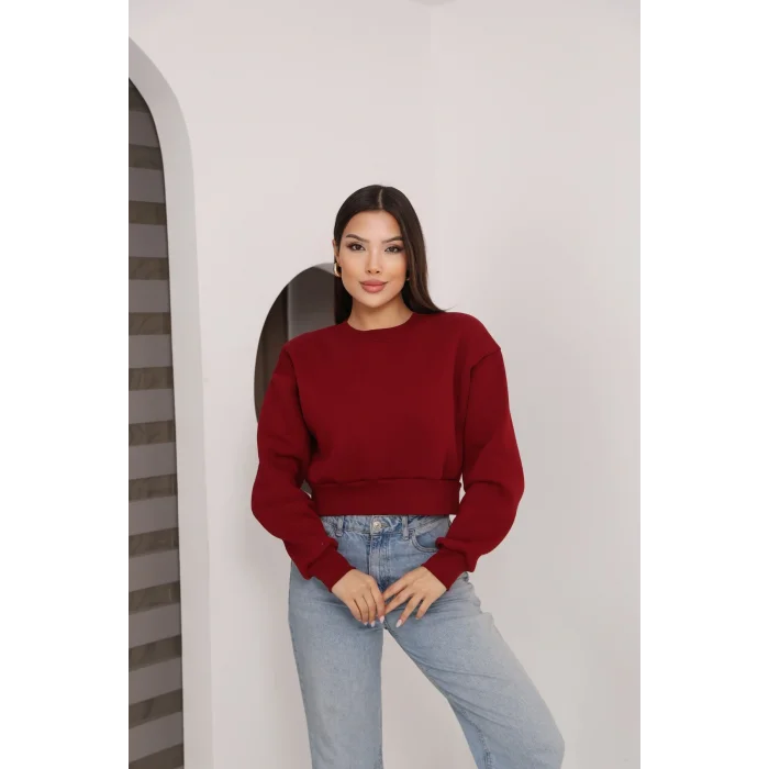 Kadın Üç İplik Şardonlu Oversize Crop Sweatshirt