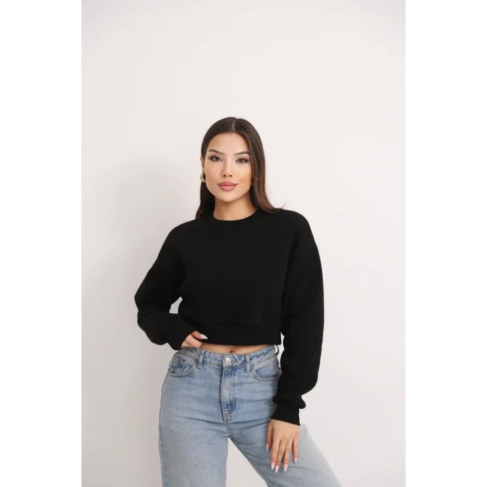 Kadın Üç İplik Şardonlu Oversize Crop Sweatshirt