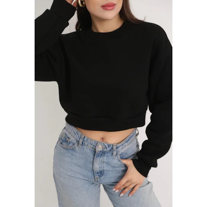 Kadın Üç İplik Şardonlu Oversize Crop Sweatshirt