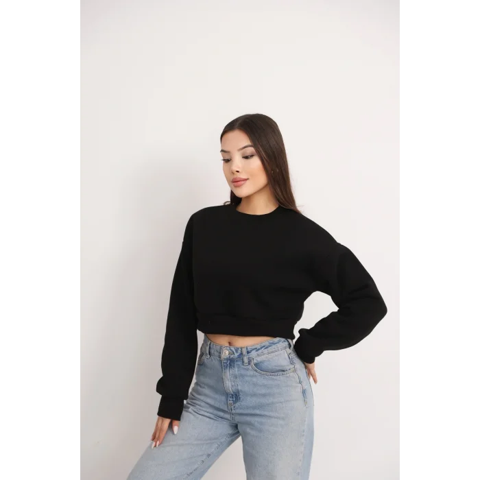 Kadın Üç İplik Şardonlu Oversize Crop Sweatshirt