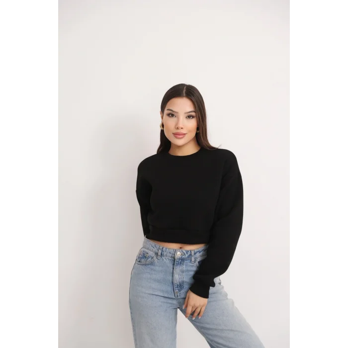 Kadın Üç İplik Şardonlu Oversize Crop Sweatshirt