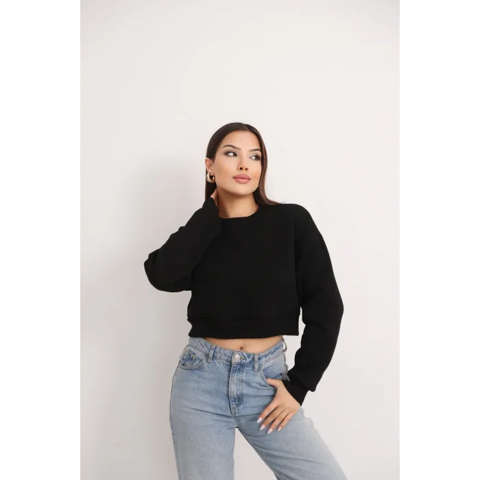 Kadın Üç İplik Şardonlu Oversize Crop Sweatshirt