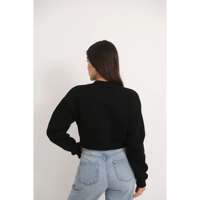 Kadın Üç İplik Şardonlu Oversize Crop Sweatshirt