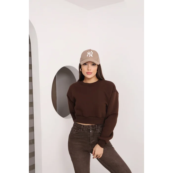 Kadın Üç İplik Şardonlu Oversize Crop Sweatshirt