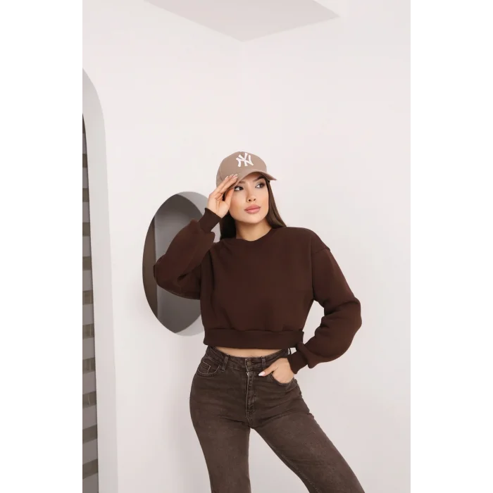 Kadın Üç İplik Şardonlu Oversize Crop Sweatshirt