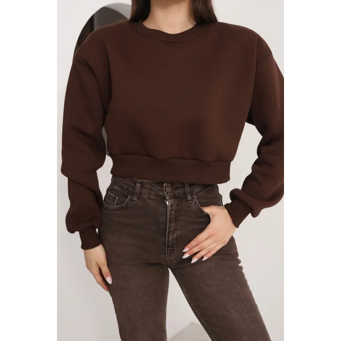 Kadın Üç İplik Şardonlu Oversize Crop Sweatshirt