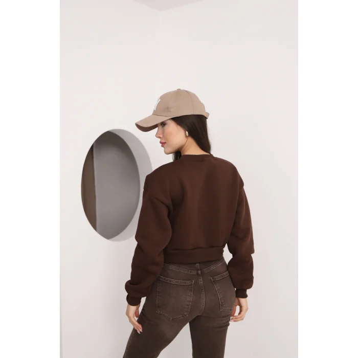 Kadın Üç İplik Şardonlu Oversize Crop Sweatshirt