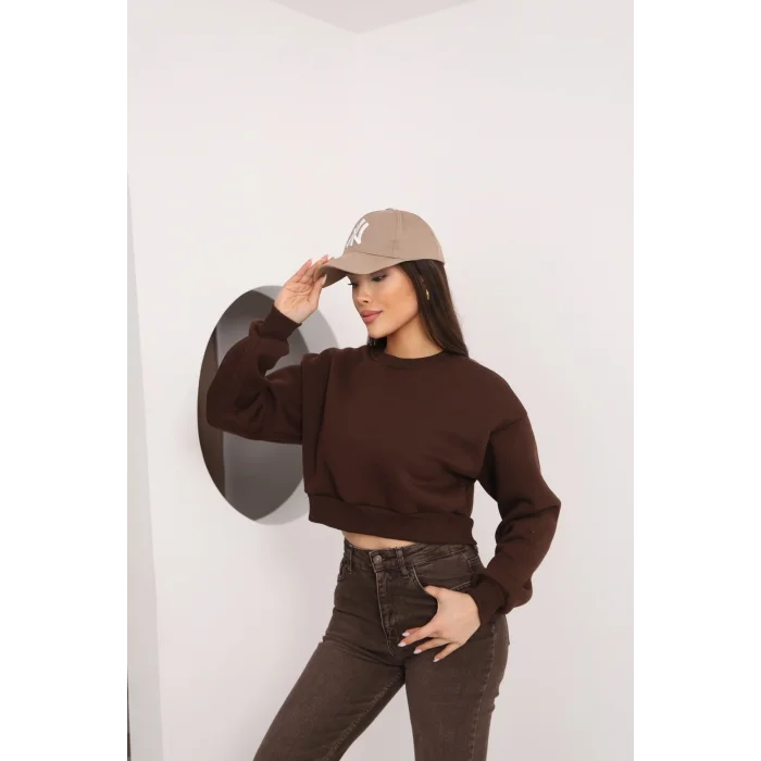 Kadın Üç İplik Şardonlu Oversize Crop Sweatshirt