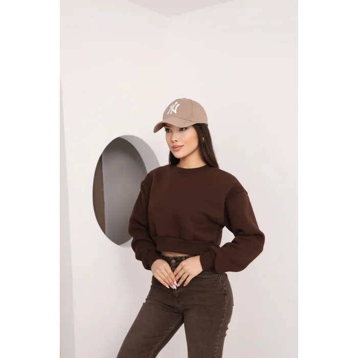 Kadın Üç İplik Şardonlu Oversize Crop Sweatshirt