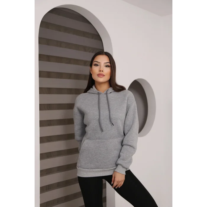 Kapşonlu Kanguru Cep Detaylı Üç İplik Şardonlu Sweatshirt