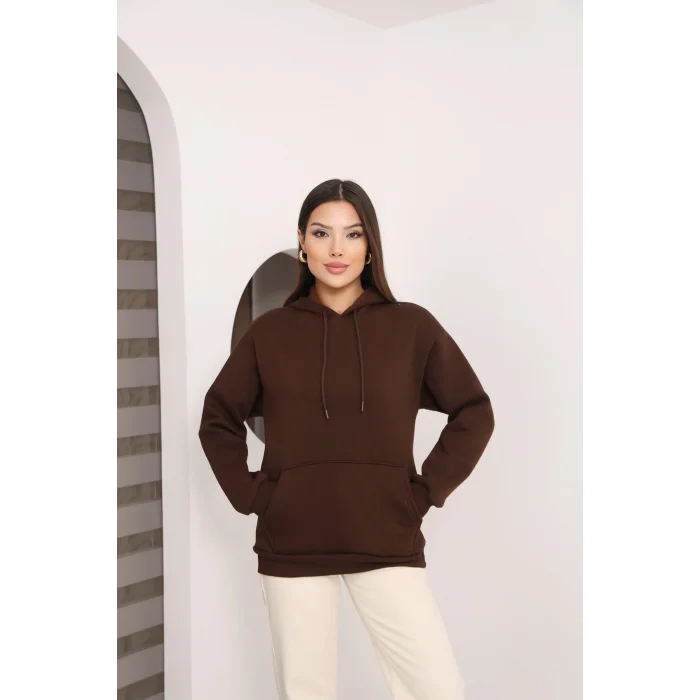 Kapşonlu Kanguru Cep Detaylı Üç İplik Şardonlu Sweatshirt