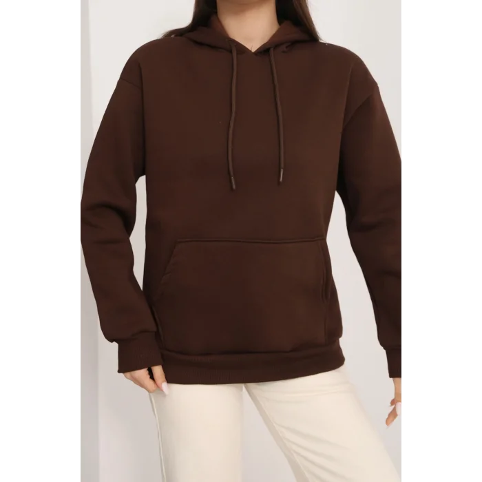 Kapşonlu Kanguru Cep Detaylı Üç İplik Şardonlu Sweatshirt