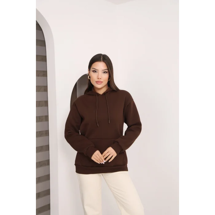 Kapşonlu Kanguru Cep Detaylı Üç İplik Şardonlu Sweatshirt