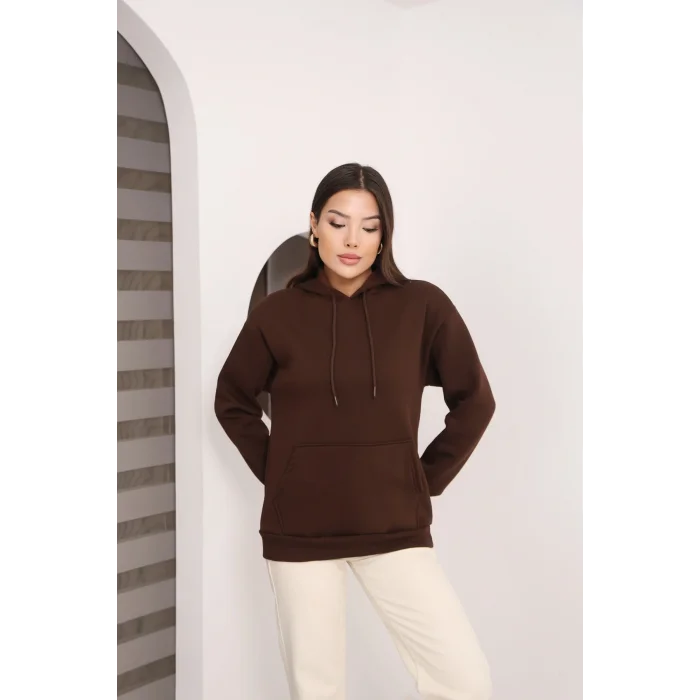 Kapşonlu Kanguru Cep Detaylı Üç İplik Şardonlu Sweatshirt