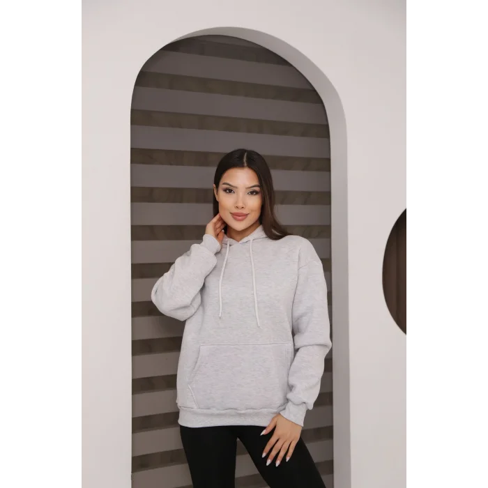 Kapşonlu Kanguru Cep Detaylı Üç İplik Şardonlu Sweatshirt