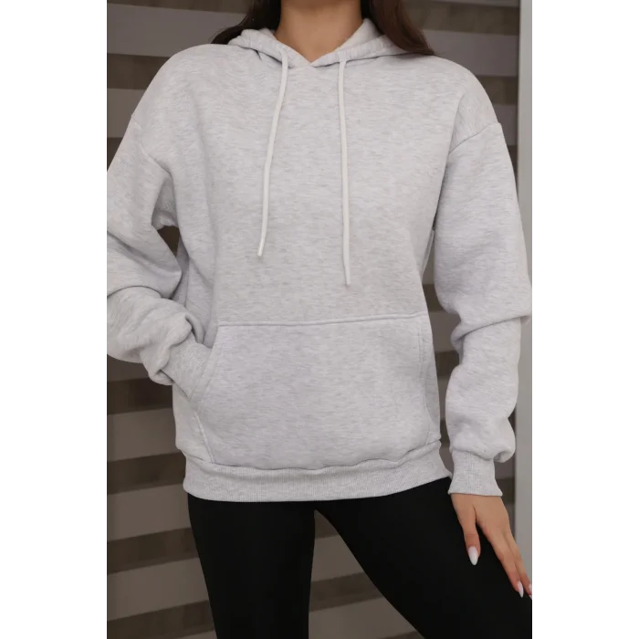 Kapşonlu Kanguru Cep Detaylı Üç İplik Şardonlu Sweatshirt