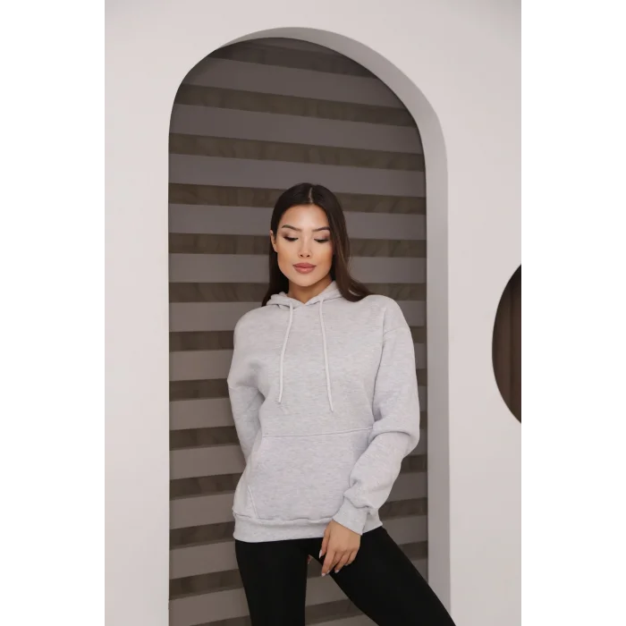 Kapşonlu Kanguru Cep Detaylı Üç İplik Şardonlu Sweatshirt