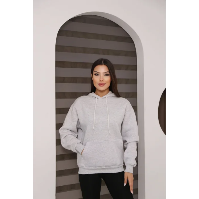 Kapşonlu Kanguru Cep Detaylı Üç İplik Şardonlu Sweatshirt