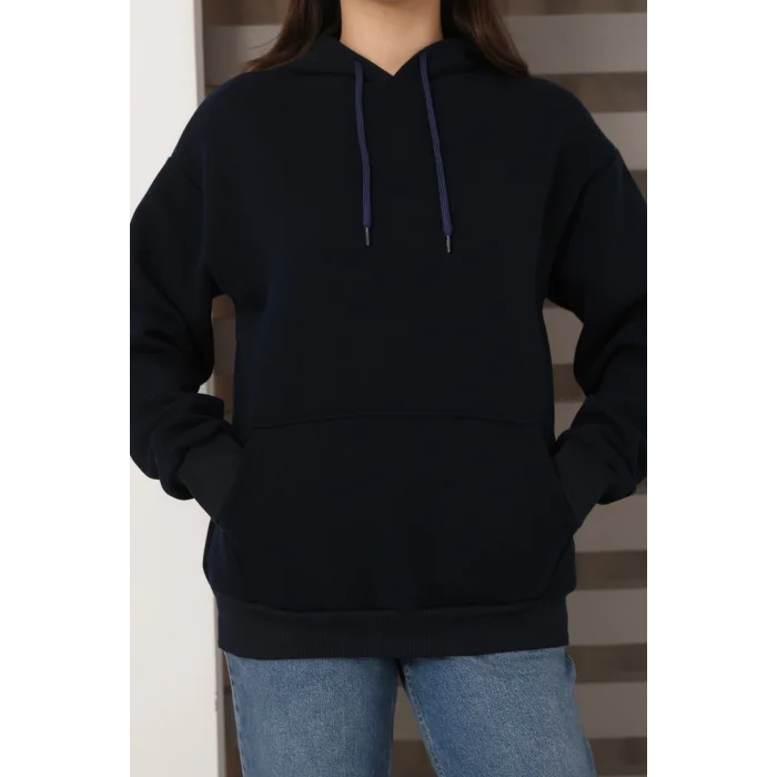 Kapşonlu Kanguru Cep Detaylı Üç İplik Şardonlu Sweatshirt