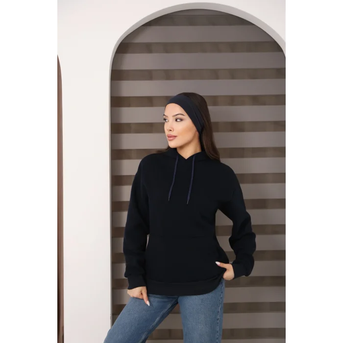 Kapşonlu Kanguru Cep Detaylı Üç İplik Şardonlu Sweatshirt