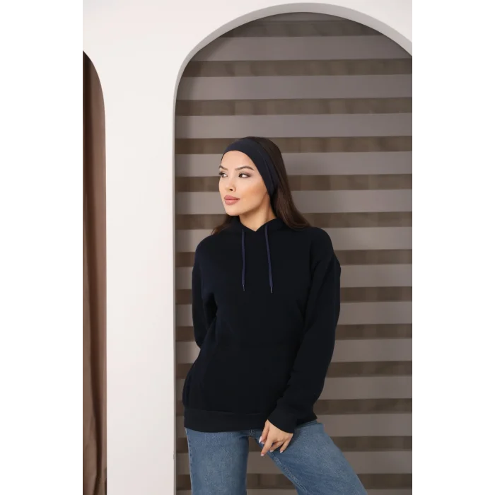 Kapşonlu Kanguru Cep Detaylı Üç İplik Şardonlu Sweatshirt