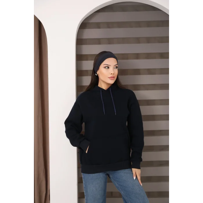 Kapşonlu Kanguru Cep Detaylı Üç İplik Şardonlu Sweatshirt