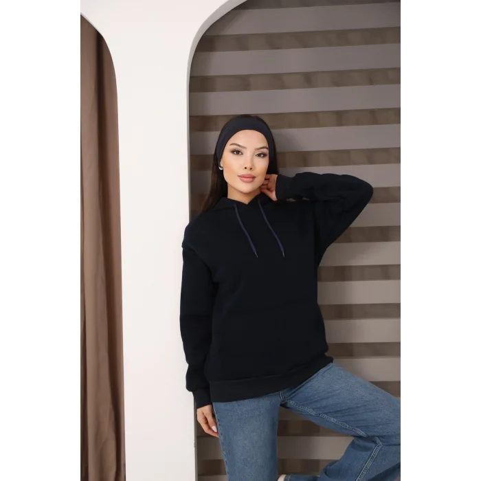 Kapşonlu Kanguru Cep Detaylı Üç İplik Şardonlu Sweatshirt