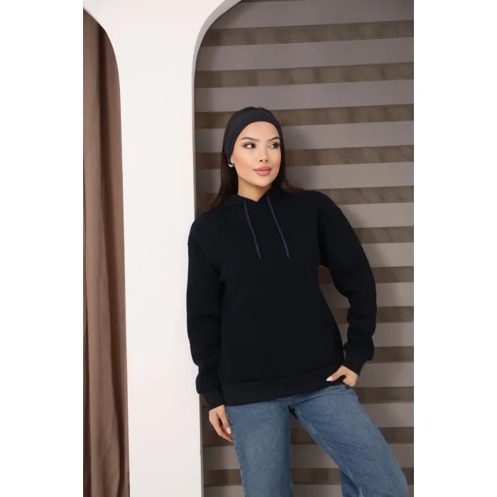 Kapşonlu Kanguru Cep Detaylı Üç İplik Şardonlu Sweatshirt
