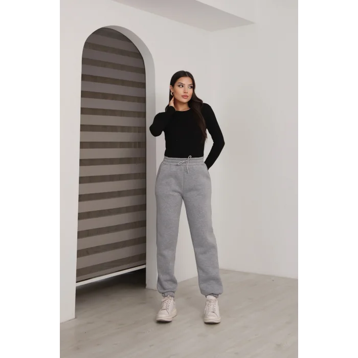 Üç iplik şardonlu paçası lastikli eşofman altı- Koyu Gri