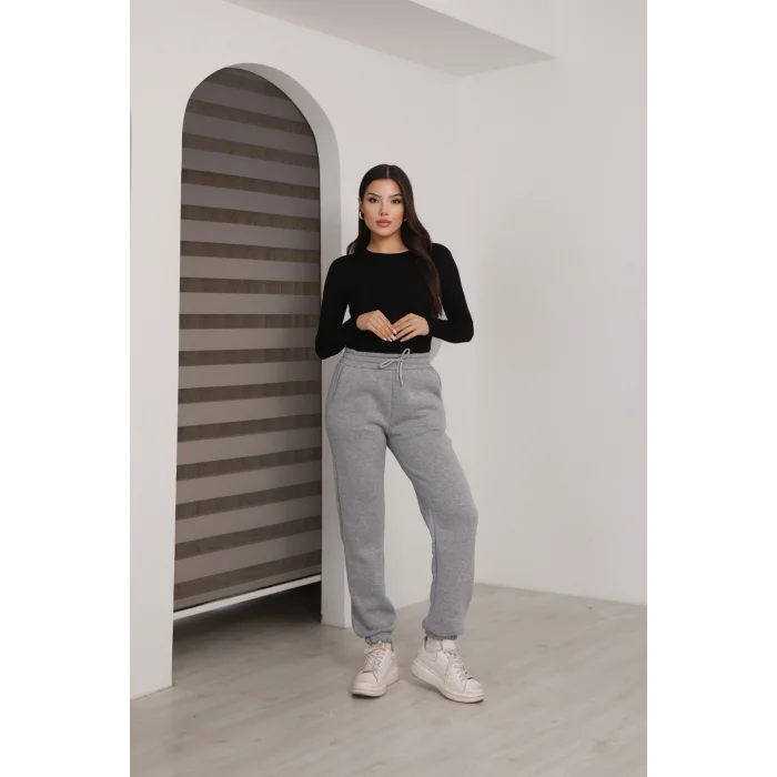 Üç iplik şardonlu paçası lastikli eşofman altı- Koyu Gri