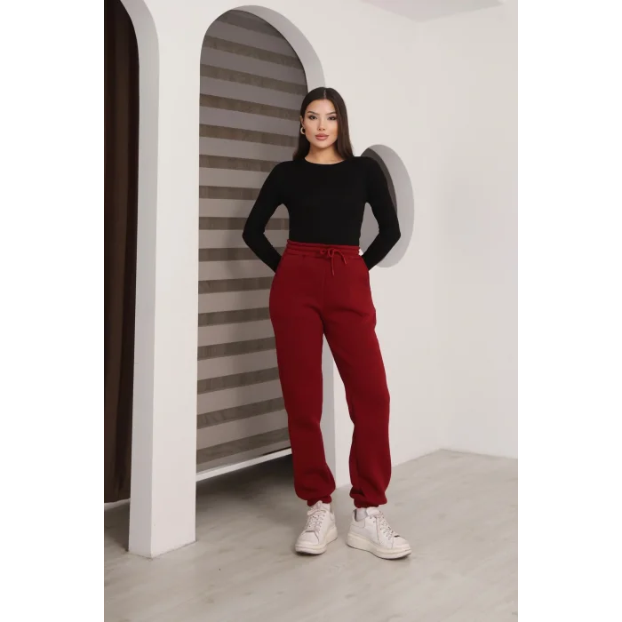 Üç iplik şardonlu paçası lastikli eşofman altı- Bordo