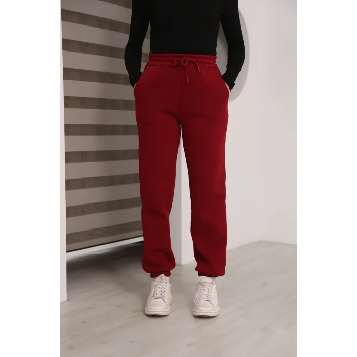 Üç iplik şardonlu paçası lastikli eşofman altı- Bordo