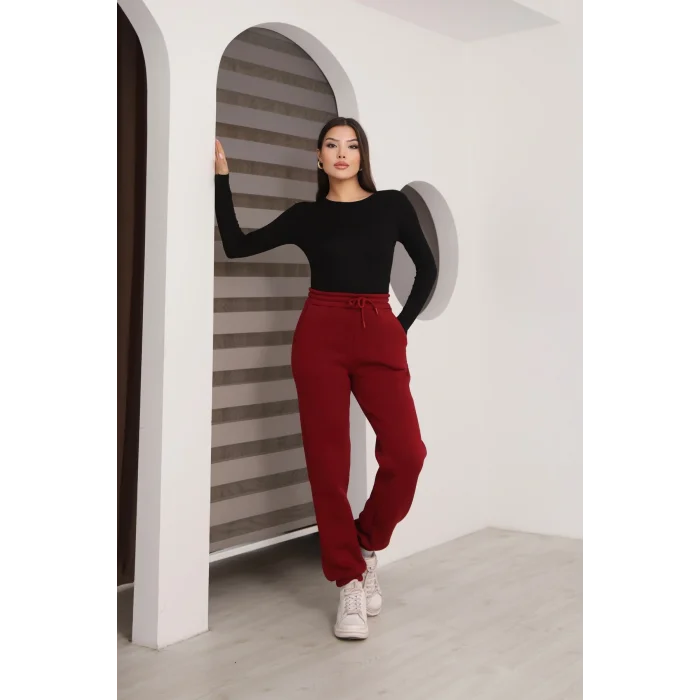 Üç iplik şardonlu paçası lastikli eşofman altı- Bordo