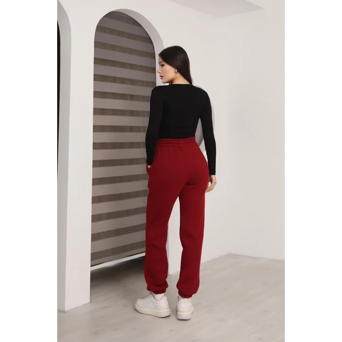 Üç iplik şardonlu paçası lastikli eşofman altı- Bordo