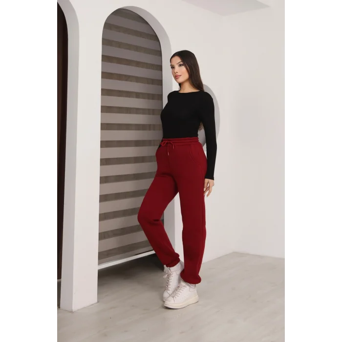 Üç iplik şardonlu paçası lastikli eşofman altı- Bordo