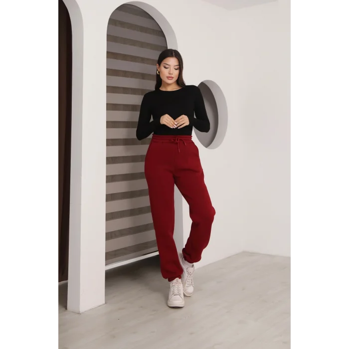 Üç iplik şardonlu paçası lastikli eşofman altı- Bordo