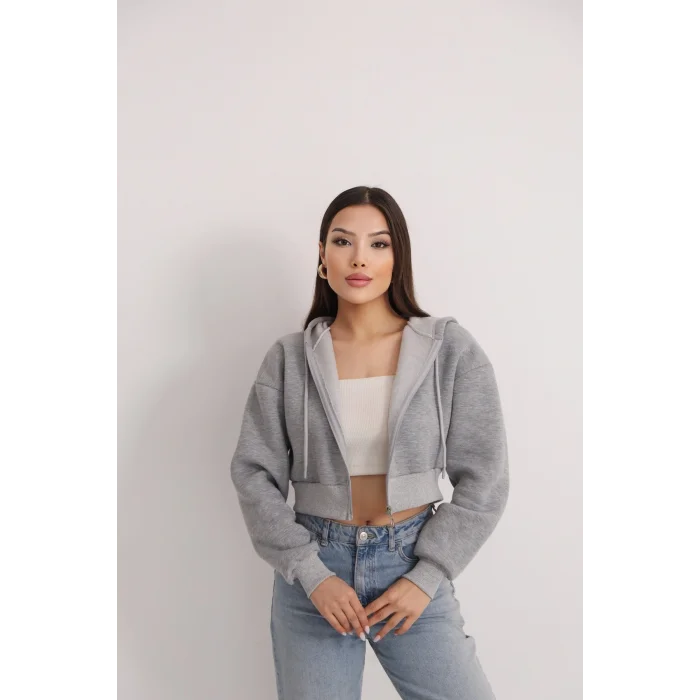 Fermuarlı Kısa Üç İplik Şardonlu Sweatshirt