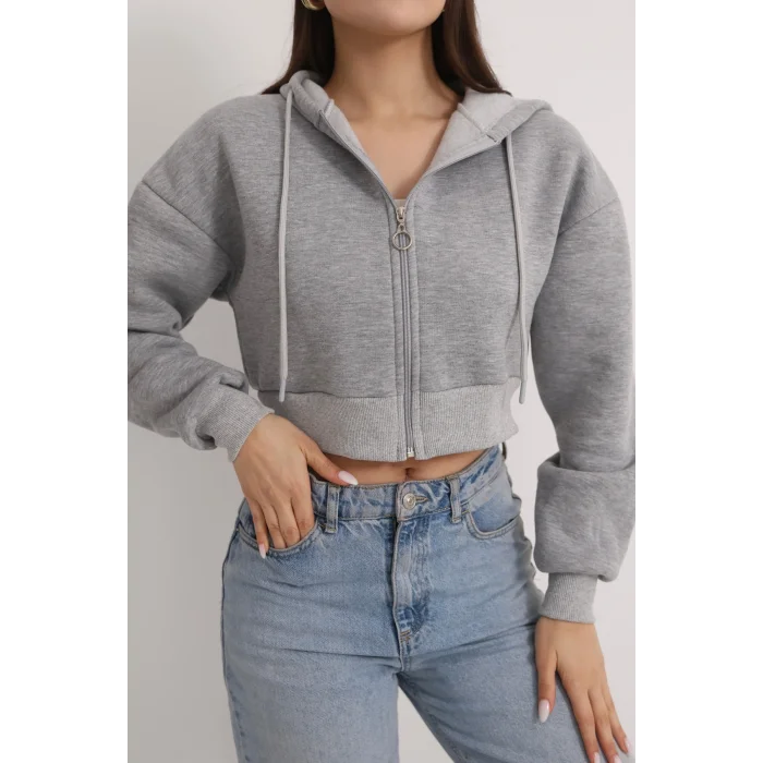Fermuarlı Kısa Üç İplik Şardonlu Sweatshirt