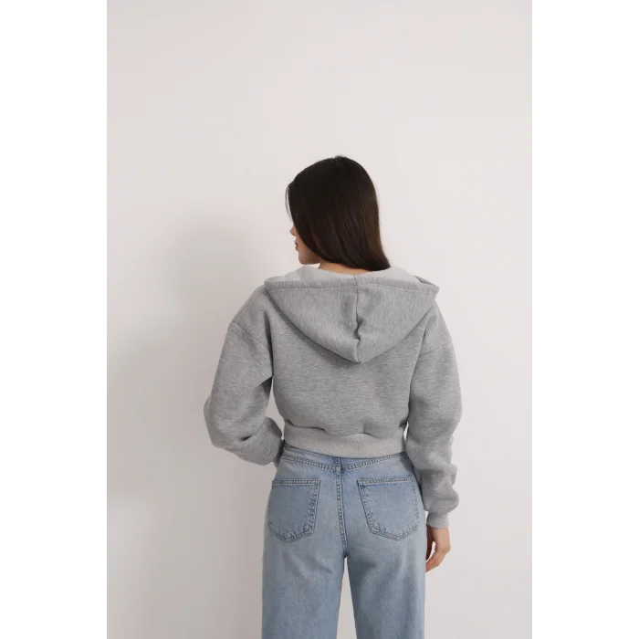 Fermuarlı Kısa Üç İplik Şardonlu Sweatshirt