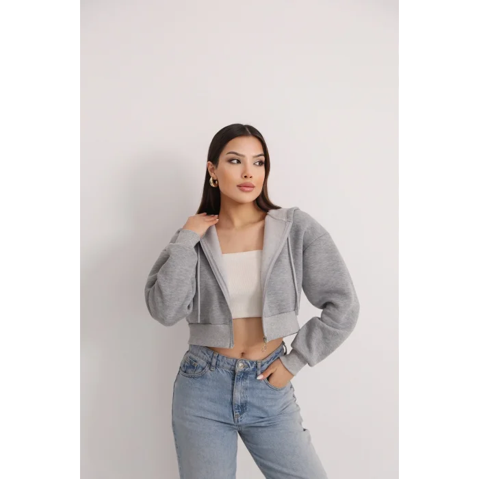 Fermuarlı Kısa Üç İplik Şardonlu Sweatshirt