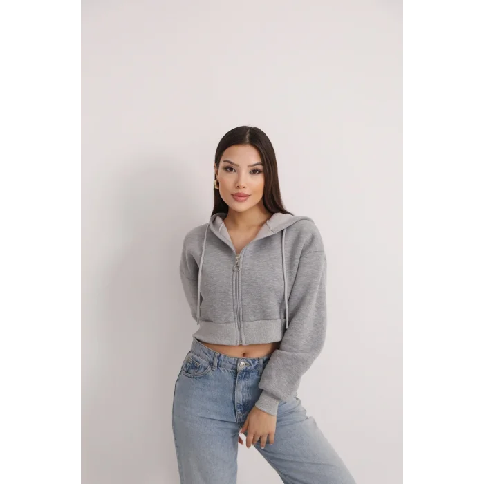 Fermuarlı Kısa Üç İplik Şardonlu Sweatshirt