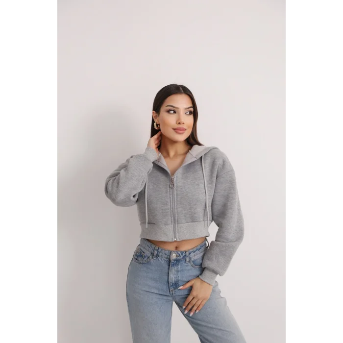 Fermuarlı Kısa Üç İplik Şardonlu Sweatshirt