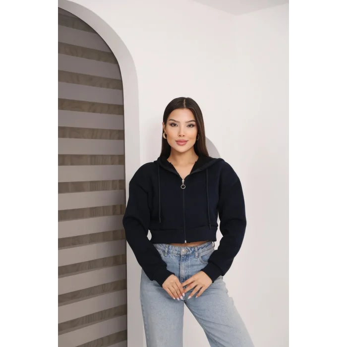 Fermuarlı Kısa Üç İplik Şardonlu Sweatshirt